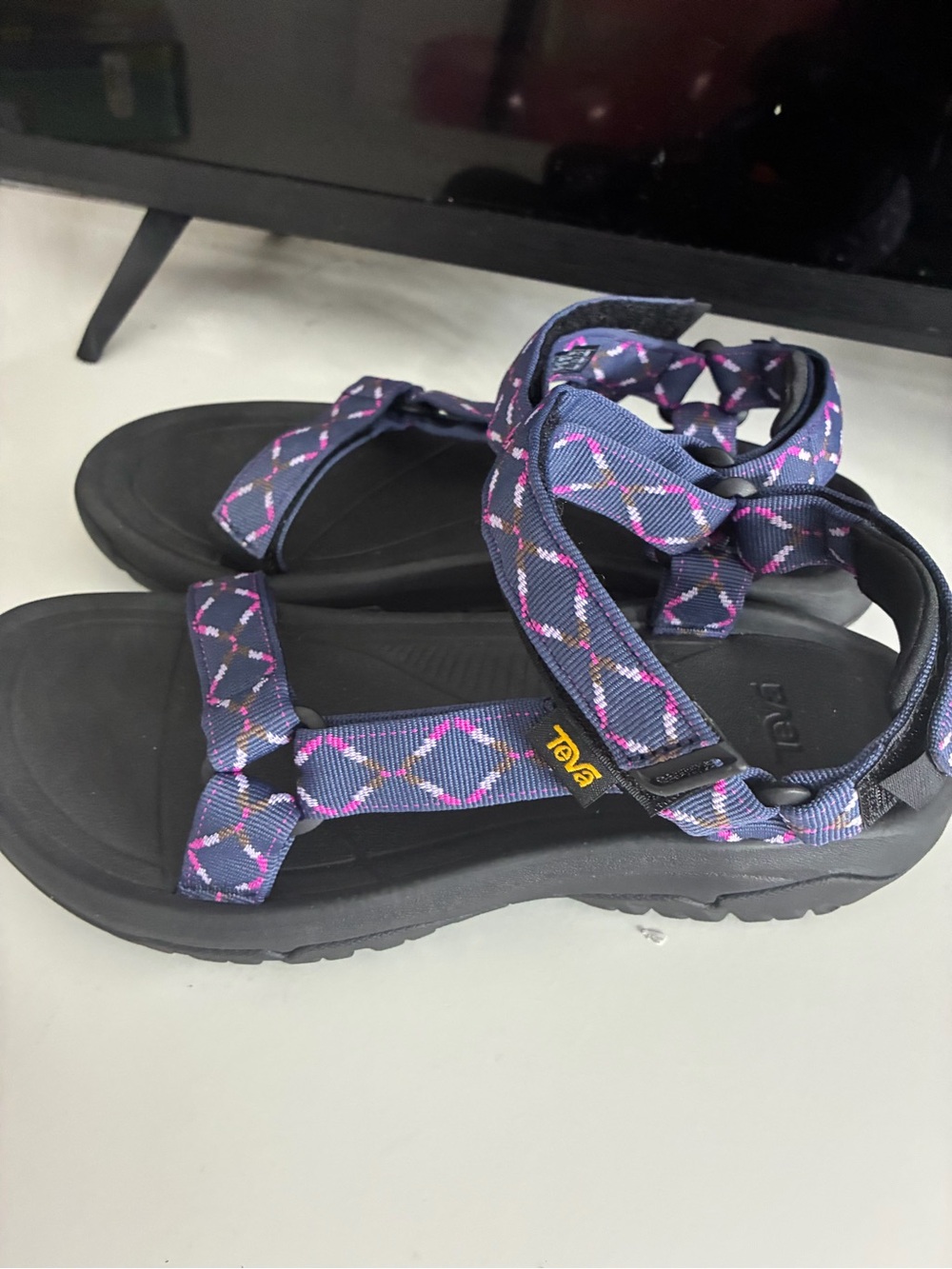 Hydratrek Teva Women's Black Sandals with Purple and Pink Patterned Straps - Picture 3 of 4
